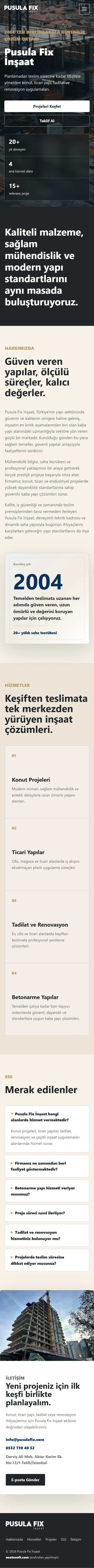 Pusula Fix İnşaat Kurumsal Sitesi mobil tam sayfa görünümü